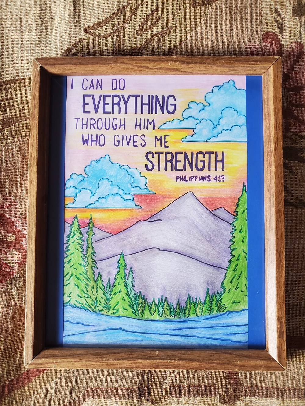 Hand Crafted Blue Green Sunset Mountain Scripture Art